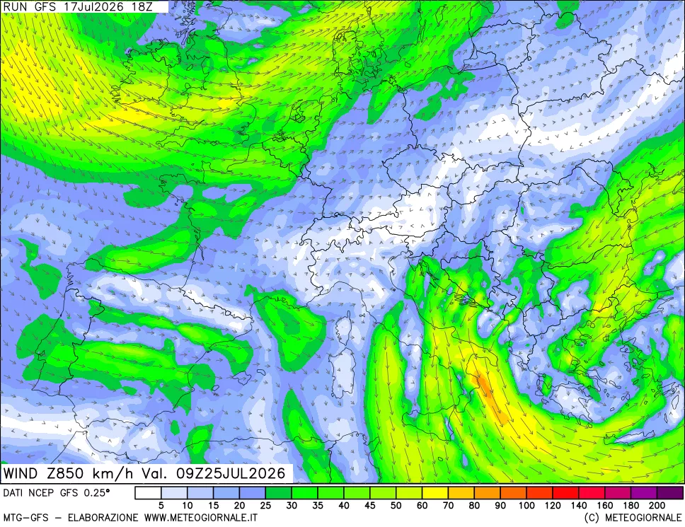 mappa 850 hPa Vento forza e direzione