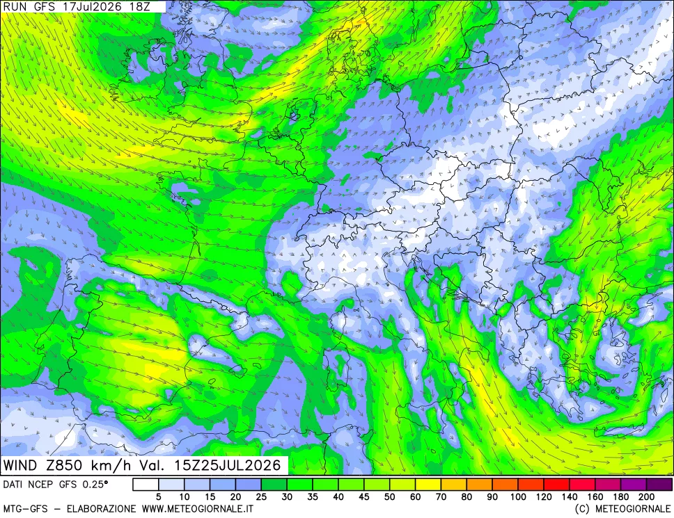 mappa 850 hPa Vento forza e direzione