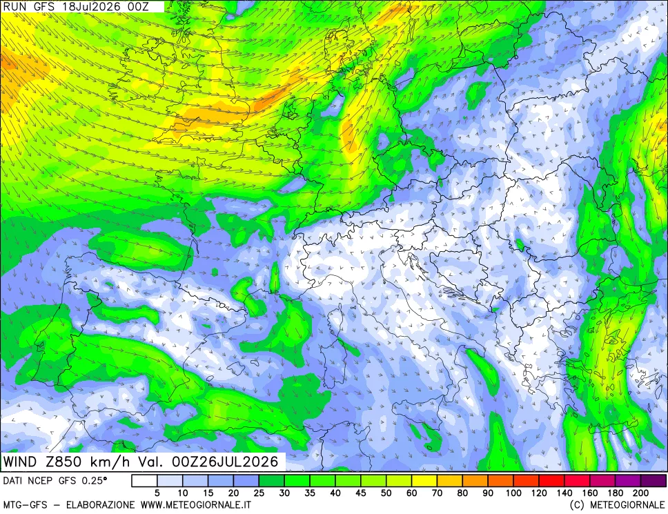 mappa 850 hPa Vento forza e direzione