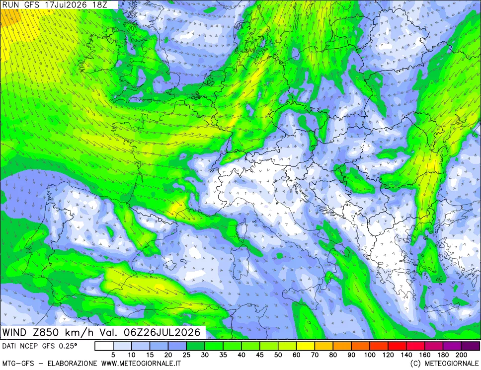 mappa 850 hPa Vento forza e direzione