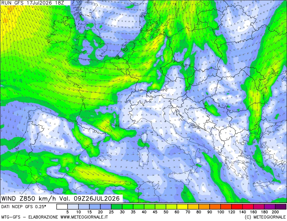 mappa 850 hPa Vento forza e direzione