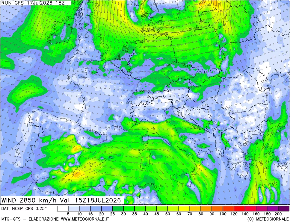 mappa 850 hPa Vento forza e direzione