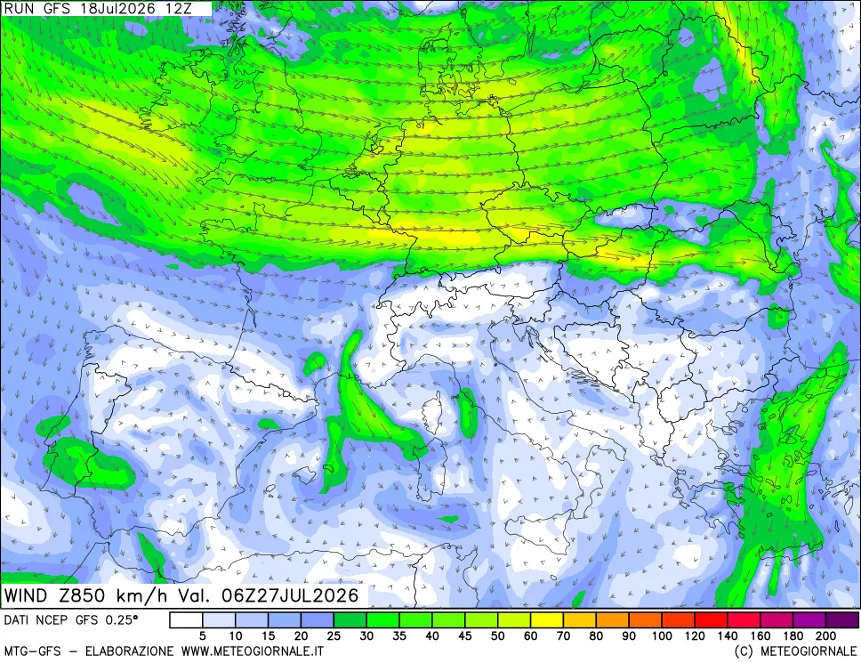 mappa 850 hPa Vento forza e direzione