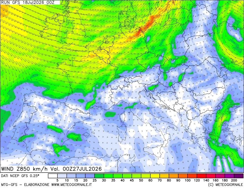 mappa 850 hPa Vento forza e direzione