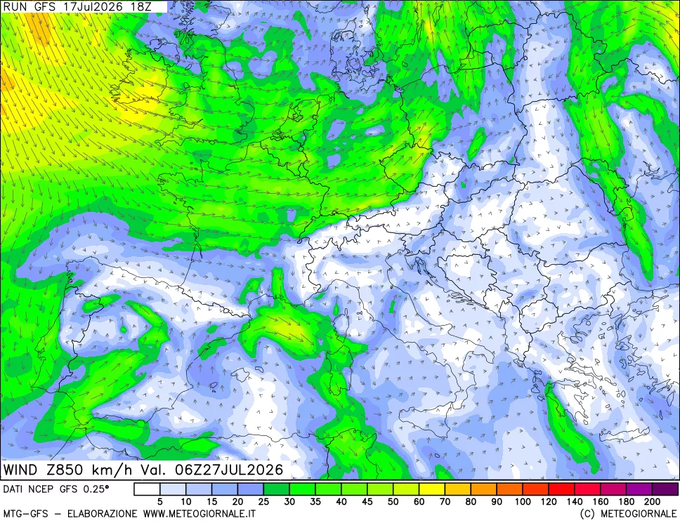 mappa 850 hPa Vento forza e direzione