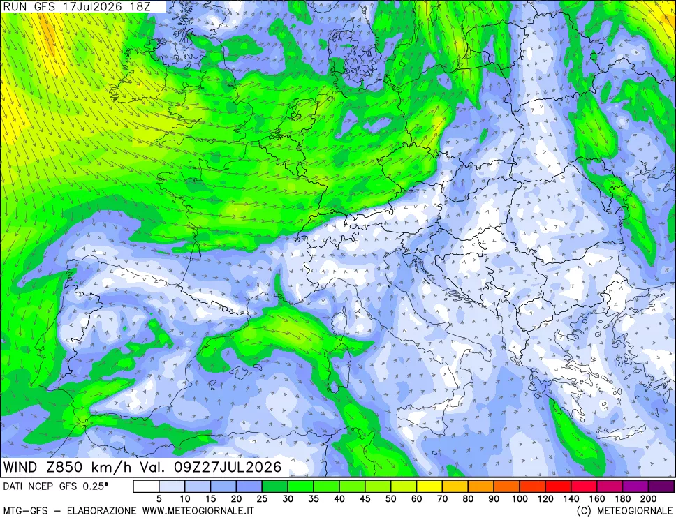 mappa 850 hPa Vento forza e direzione