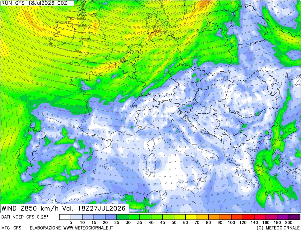 mappa 850 hPa Vento forza e direzione