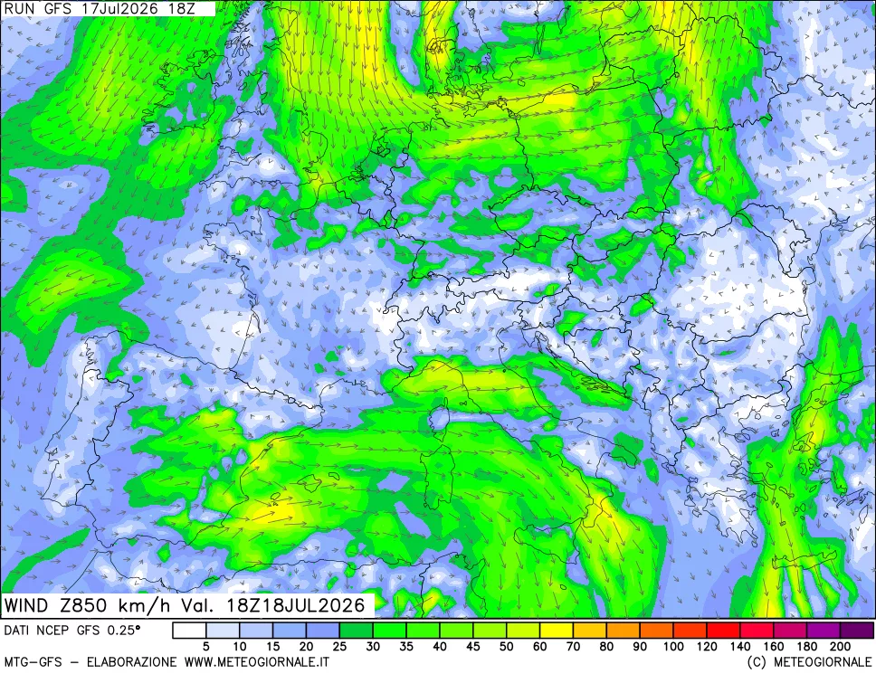 mappa 850 hPa Vento forza e direzione
