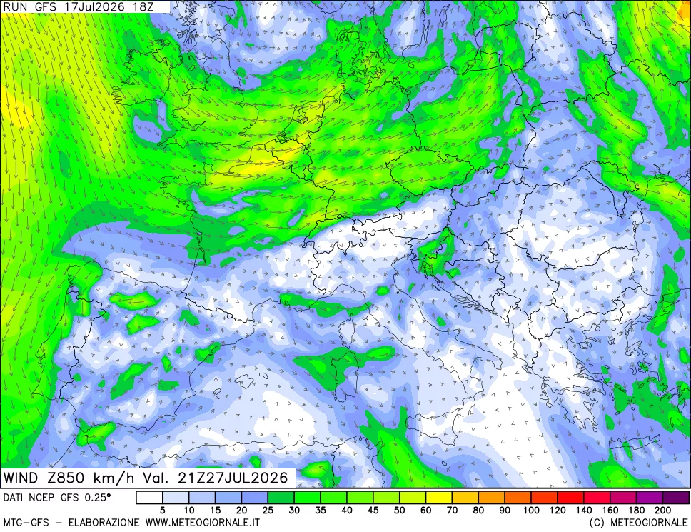 mappa 850 hPa Vento forza e direzione