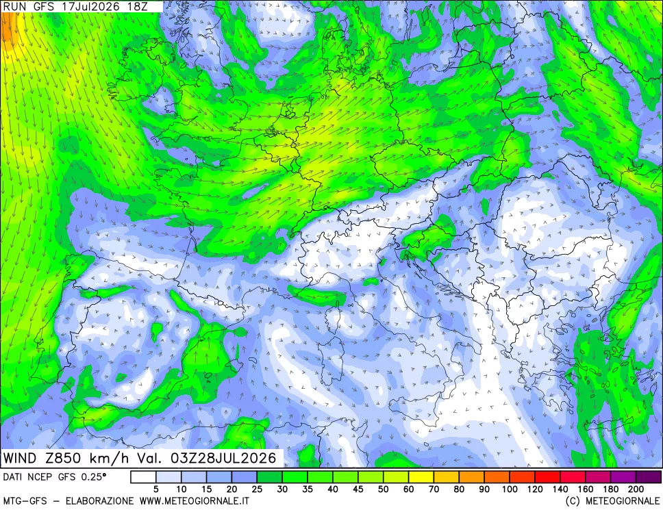 mappa 850 hPa Vento forza e direzione