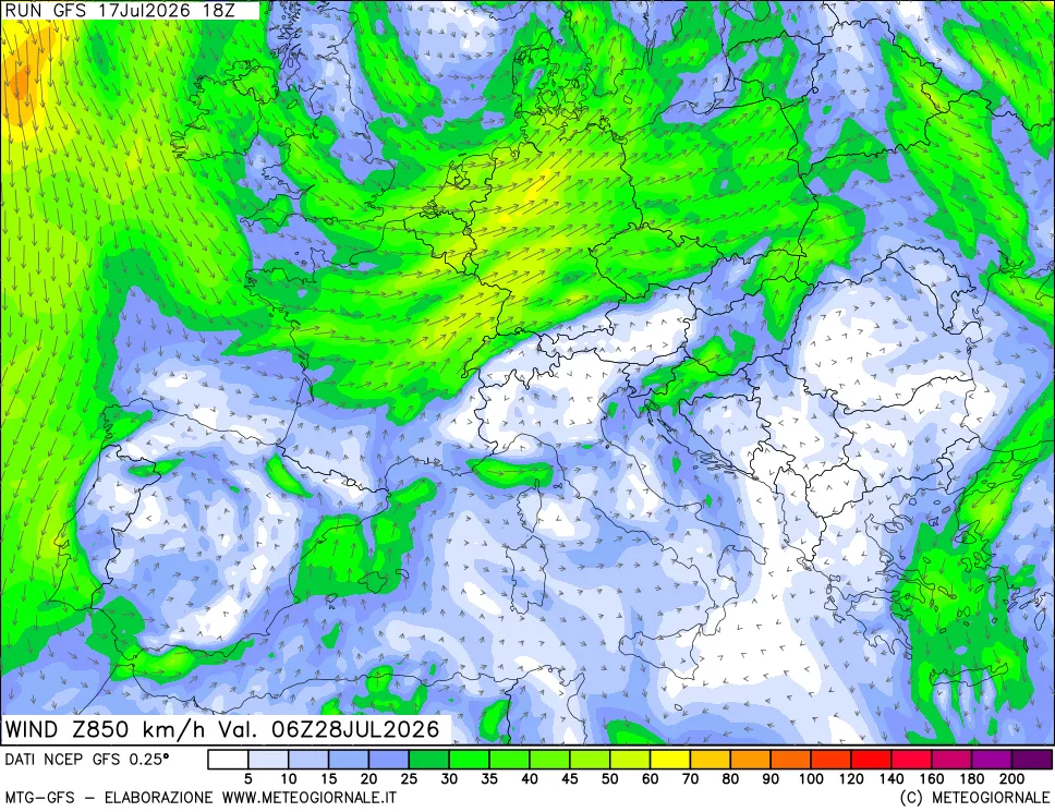 mappa 850 hPa Vento forza e direzione