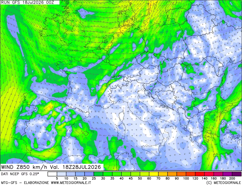 mappa 850 hPa Vento forza e direzione
