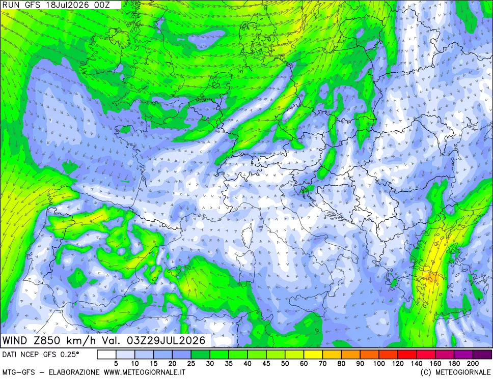 mappa 850 hPa Vento forza e direzione