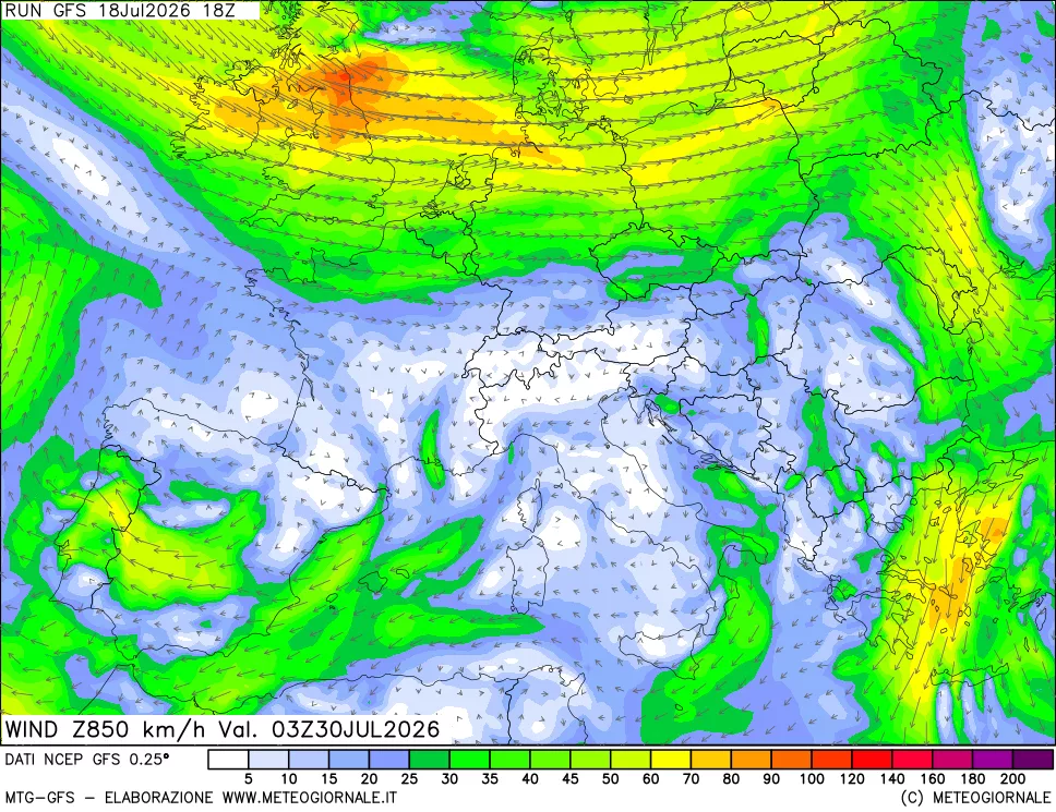 mappa 850 hPa Vento forza e direzione