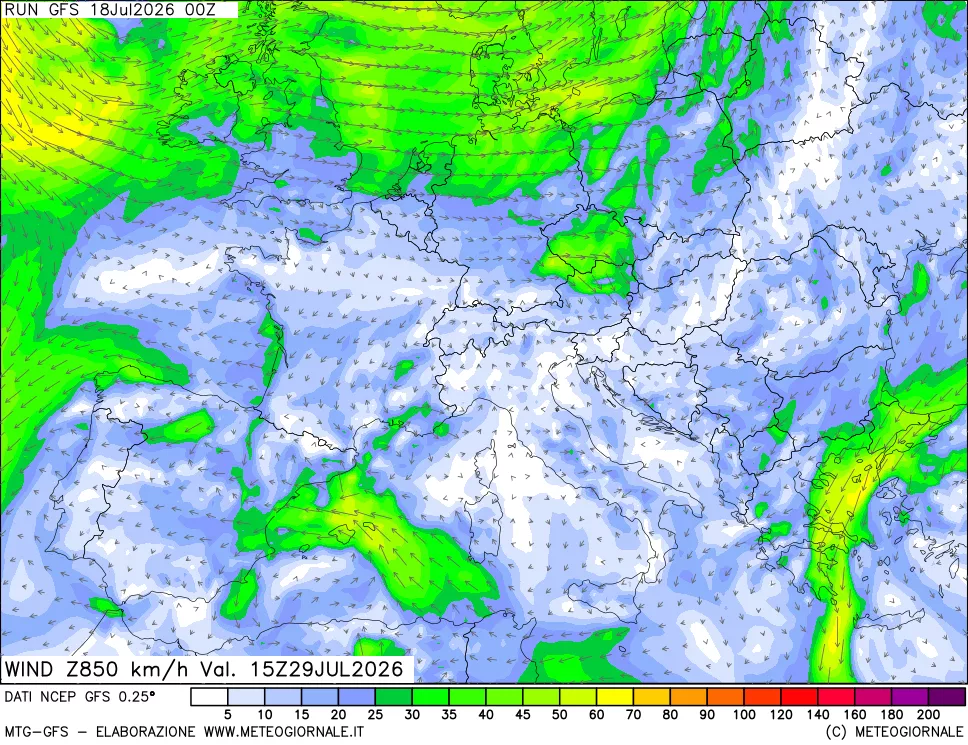 mappa 850 hPa Vento forza e direzione