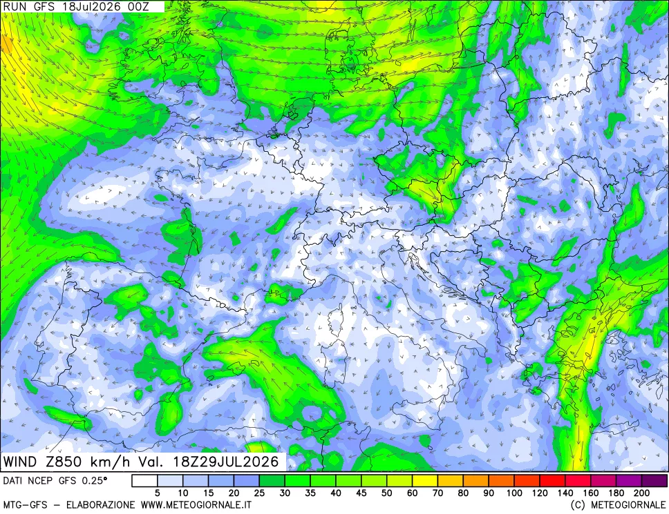 mappa 850 hPa Vento forza e direzione