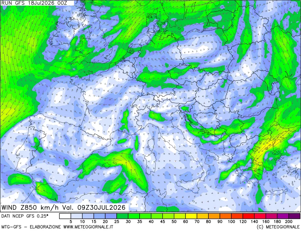 mappa 850 hPa Vento forza e direzione