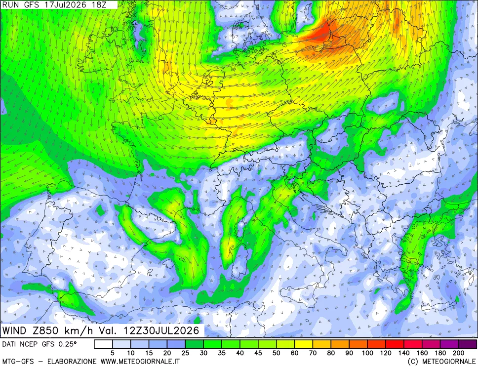 mappa 850 hPa Vento forza e direzione