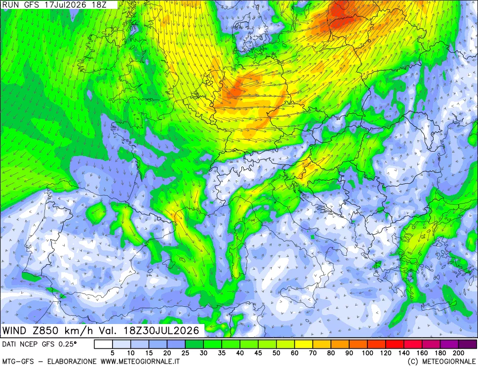 mappa 850 hPa Vento forza e direzione