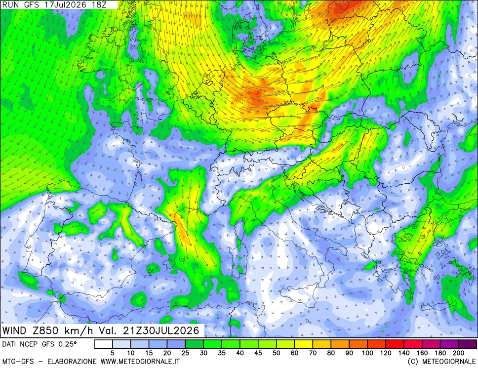 mappa 850 hPa Vento forza e direzione