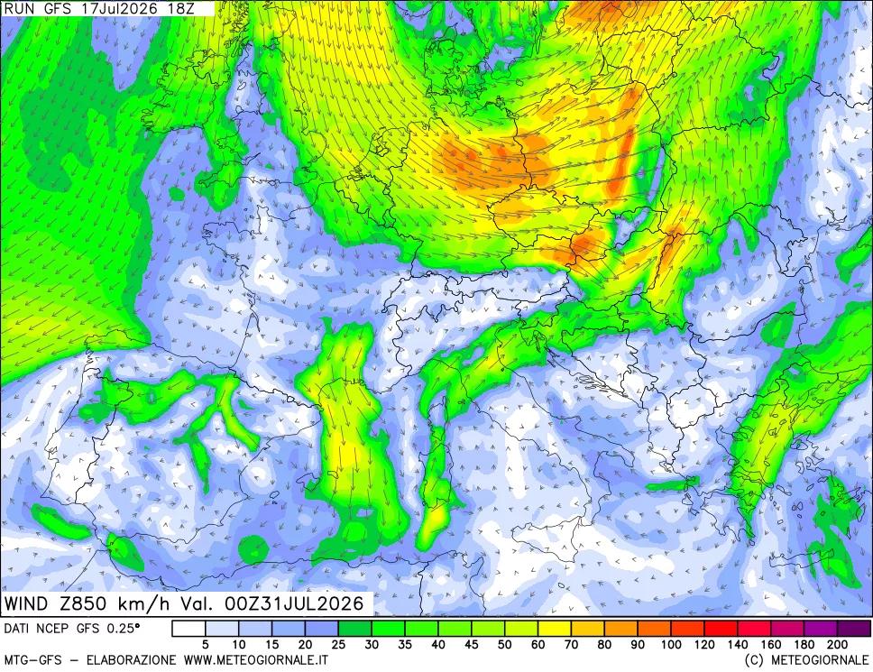 mappa 850 hPa Vento forza e direzione