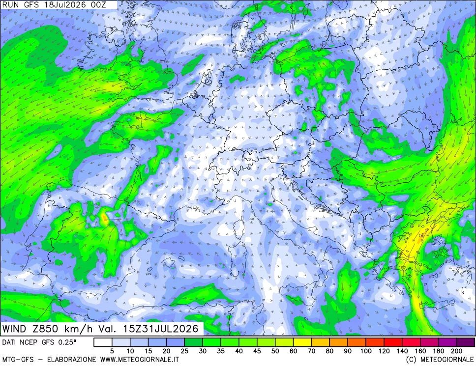 mappa 850 hPa Vento forza e direzione