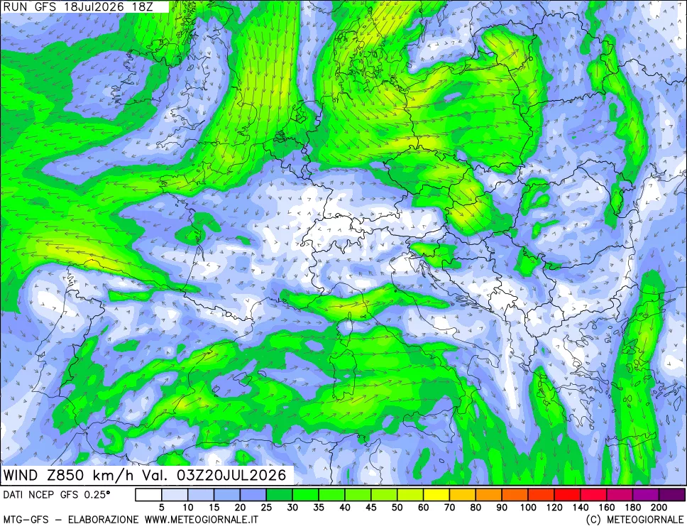 mappa 850 hPa Vento forza e direzione