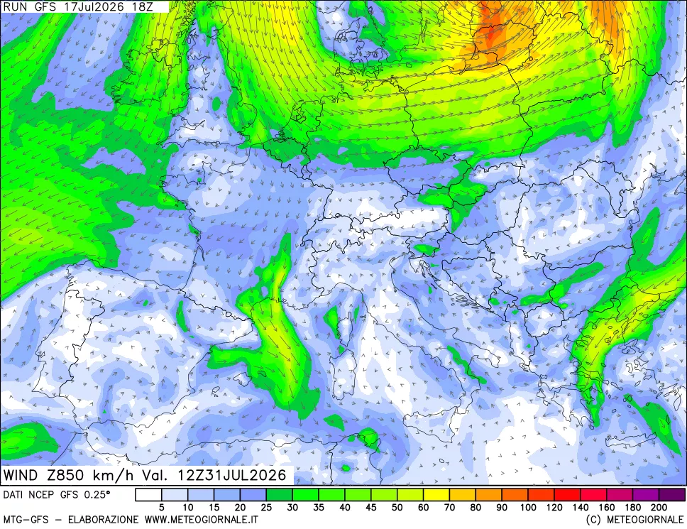 mappa 850 hPa Vento forza e direzione