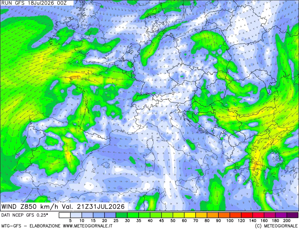 mappa 850 hPa Vento forza e direzione