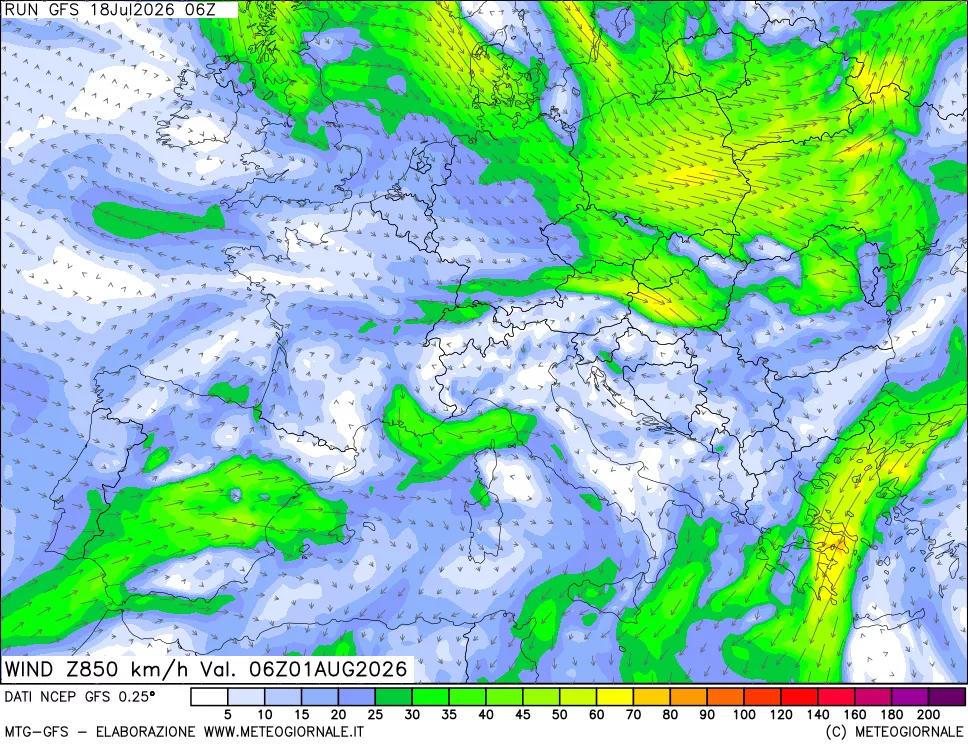mappa 850 hPa Vento forza e direzione