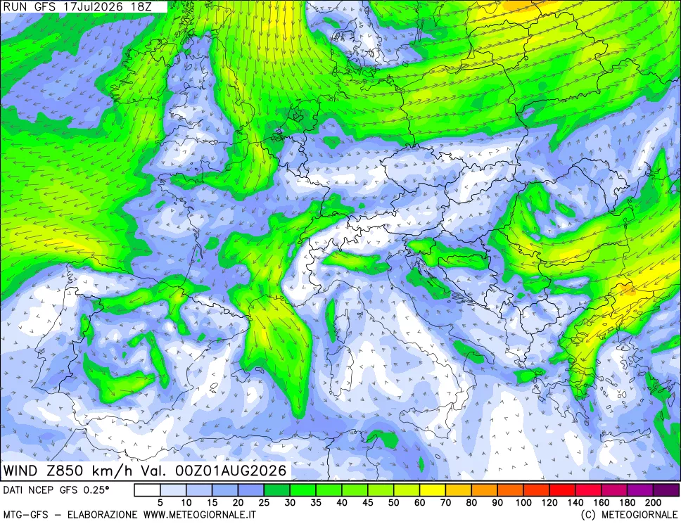 mappa 850 hPa Vento forza e direzione