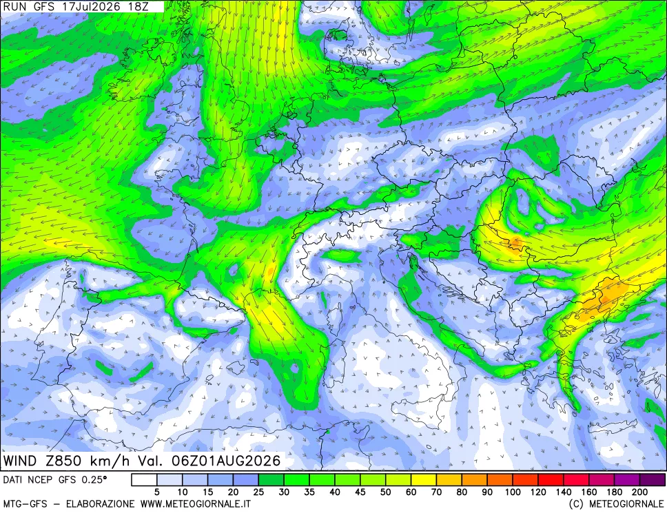 mappa 850 hPa Vento forza e direzione