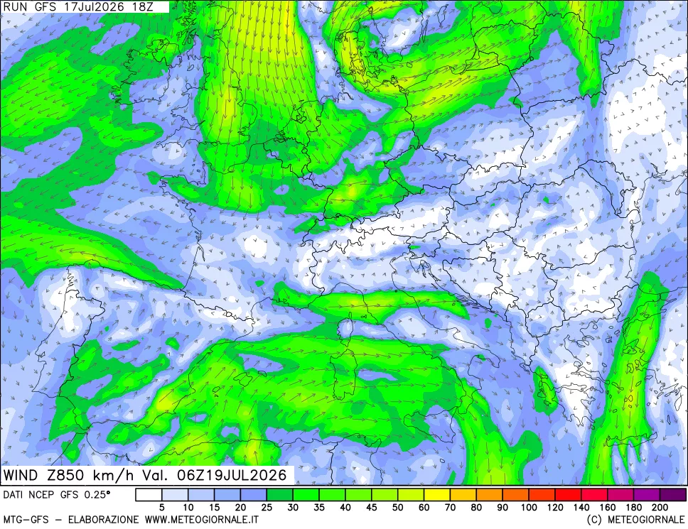 mappa 850 hPa Vento forza e direzione