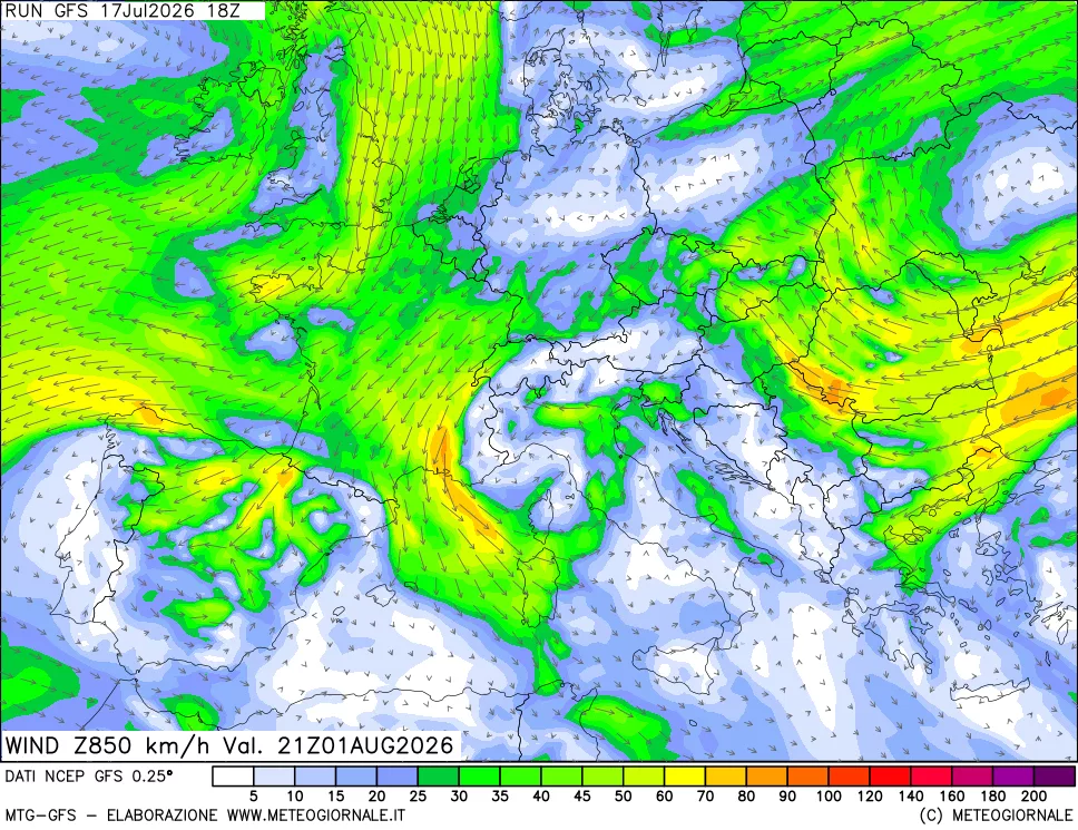 mappa 850 hPa Vento forza e direzione