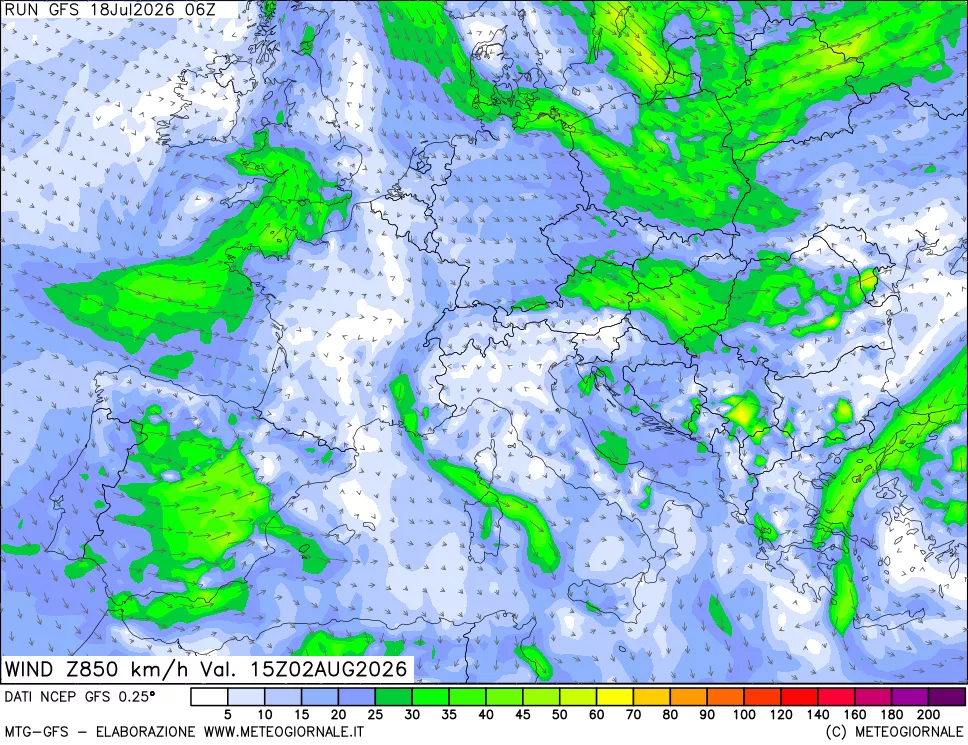mappa 850 hPa Vento forza e direzione