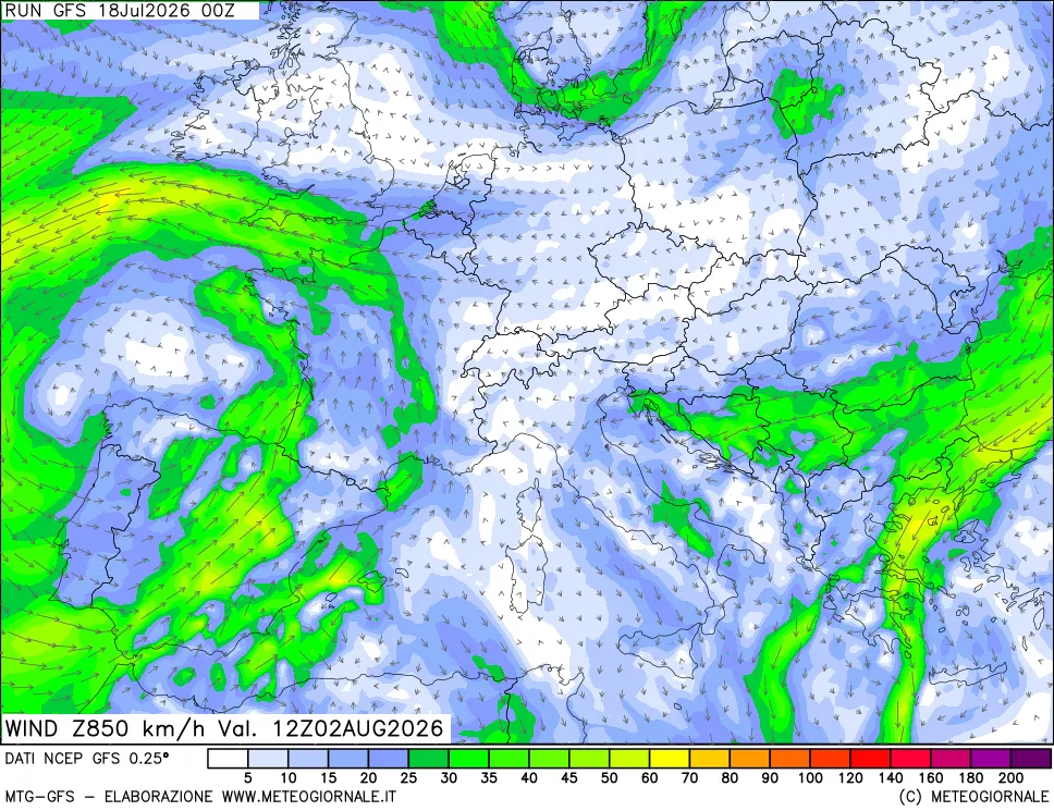mappa 850 hPa Vento forza e direzione
