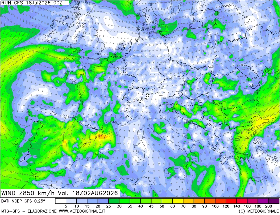mappa 850 hPa Vento forza e direzione