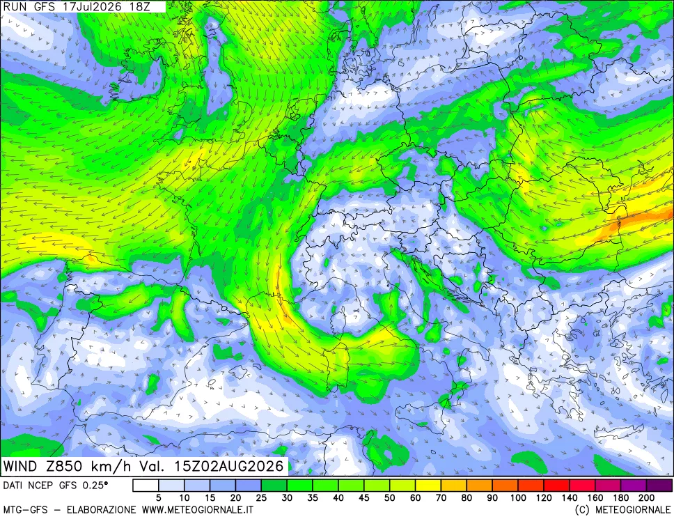 mappa 850 hPa Vento forza e direzione