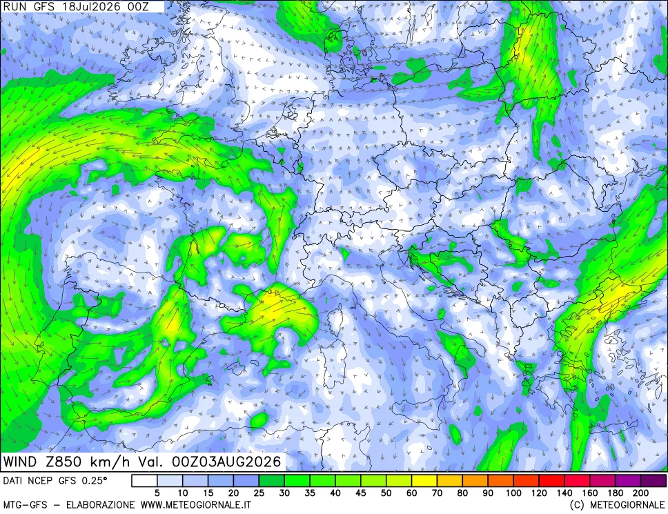 mappa 850 hPa Vento forza e direzione