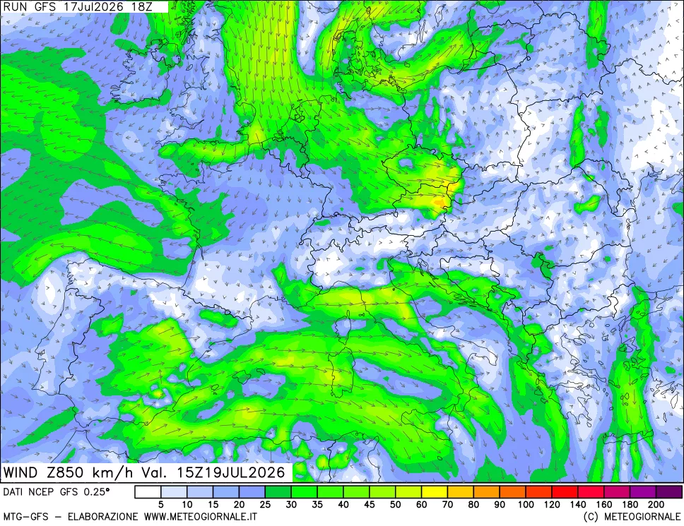 mappa 850 hPa Vento forza e direzione