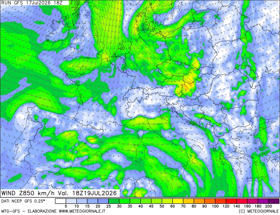 mappa 850 hPa Vento forza e direzione