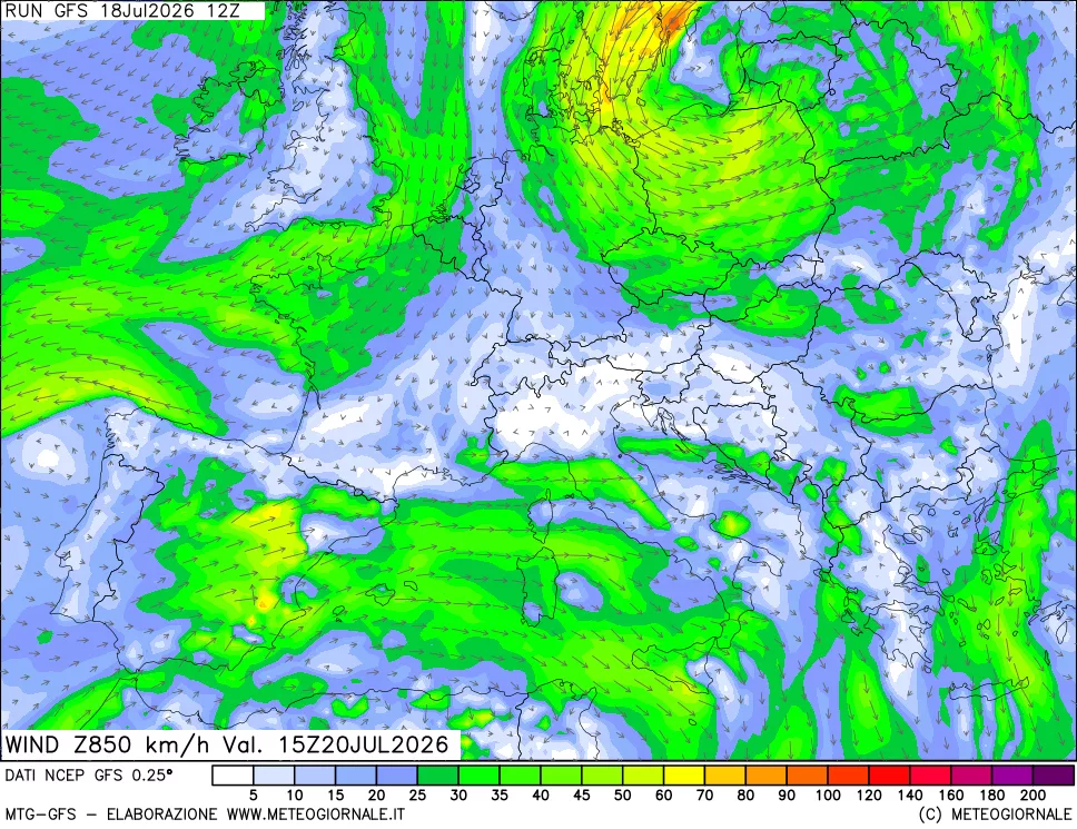 mappa 850 hPa Vento forza e direzione