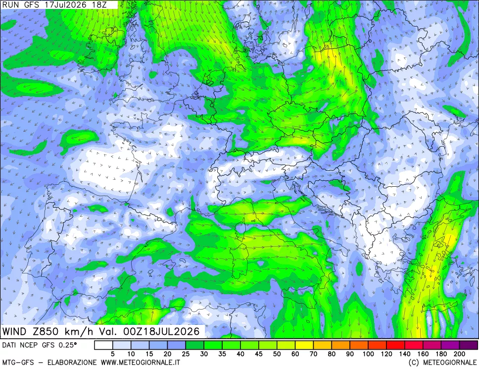 mappa 850 hPa Vento forza e direzione