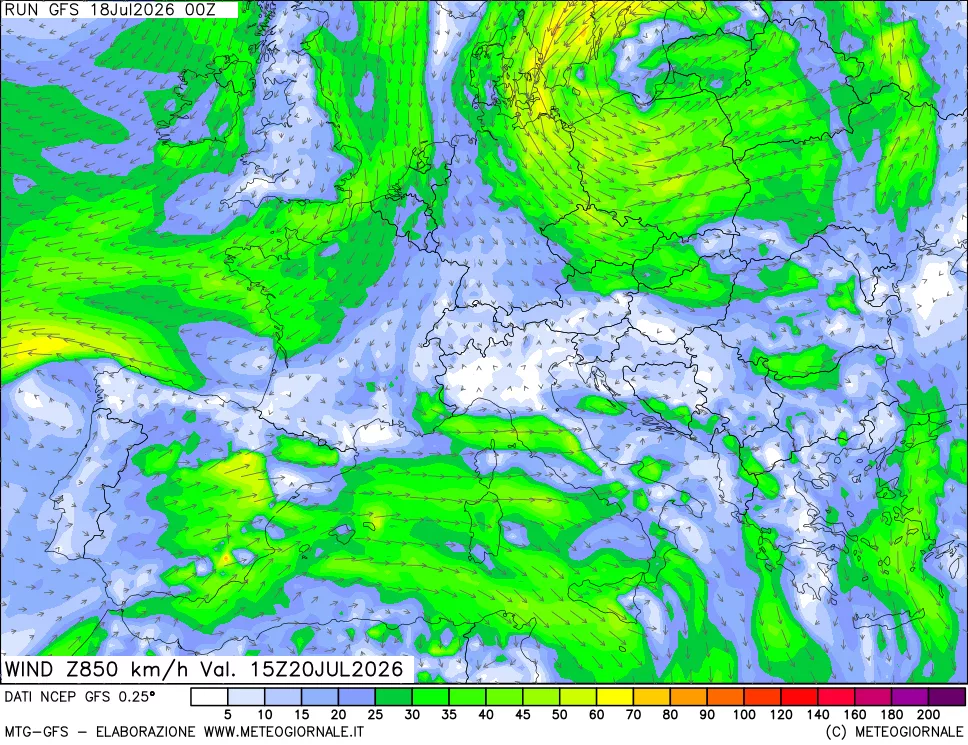 mappa 850 hPa Vento forza e direzione
