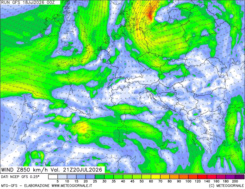 mappa 850 hPa Vento forza e direzione
