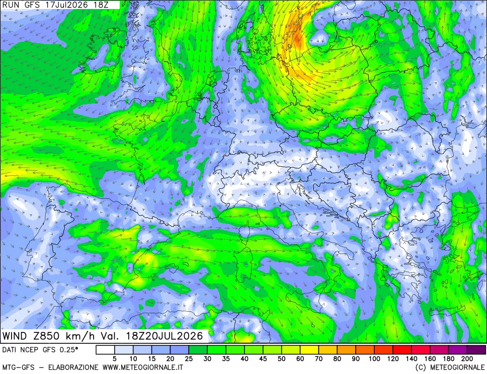 mappa 850 hPa Vento forza e direzione