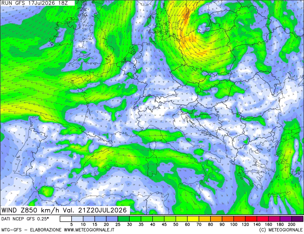 mappa 850 hPa Vento forza e direzione