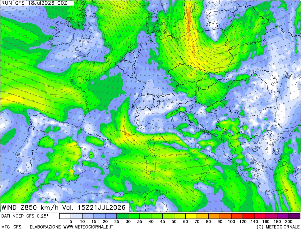 mappa 850 hPa Vento forza e direzione