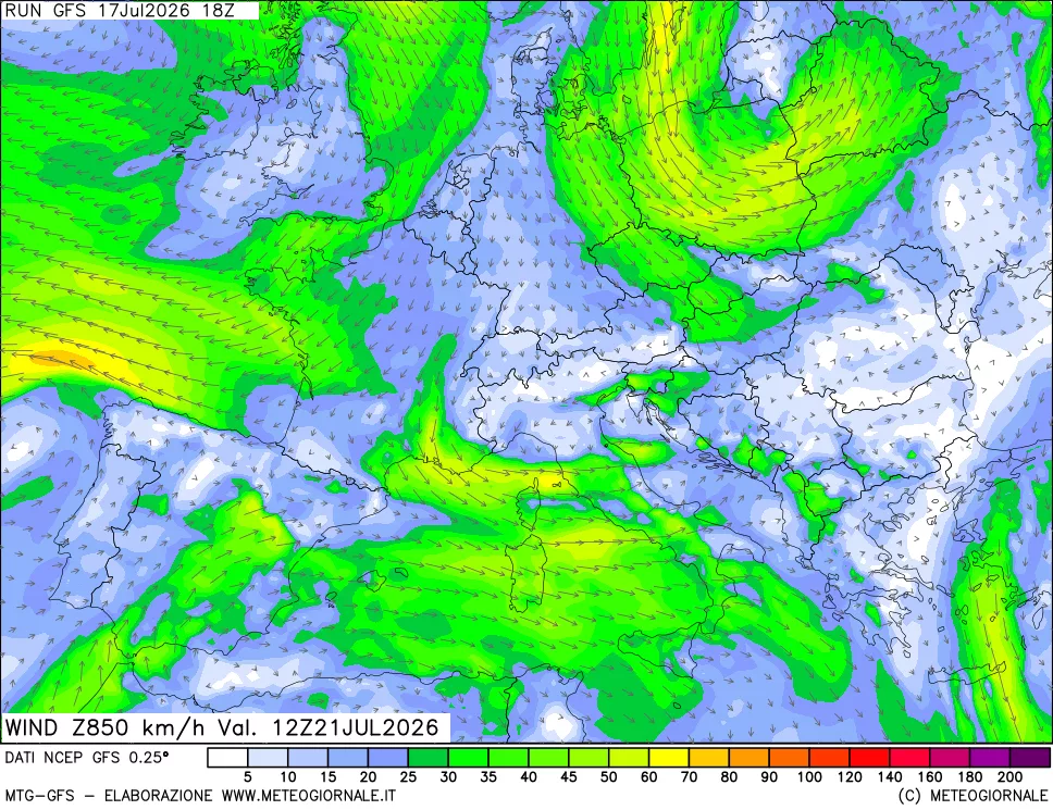 mappa 850 hPa Vento forza e direzione