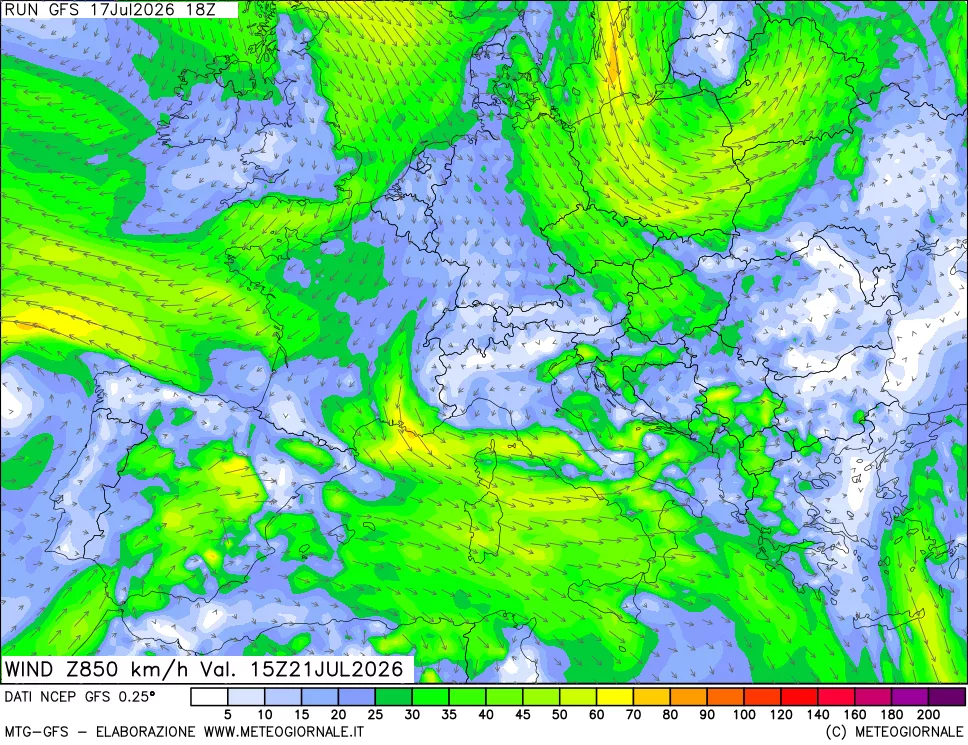 mappa 850 hPa Vento forza e direzione